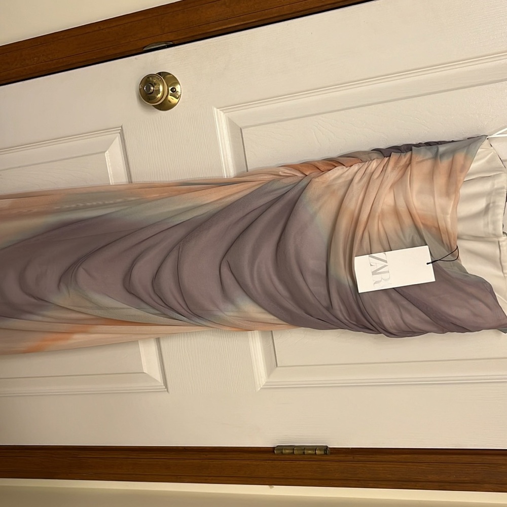 NWT Zara Strapless Tulle Printed Long Dress Tie Dye Print Sundress - Picture 8 of 10